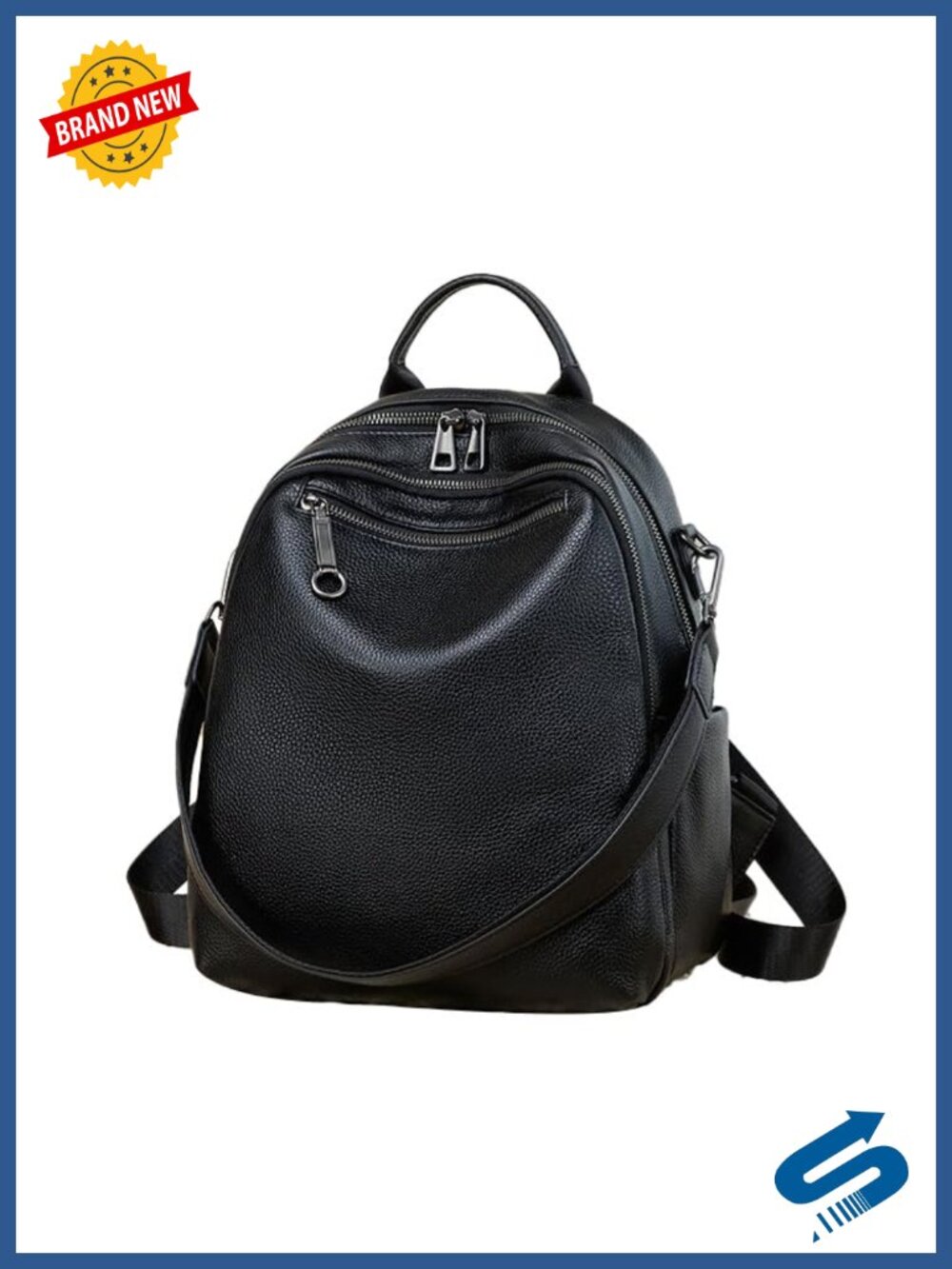 Genuine Cowhide Leather Womens Backpack Lychee Pattern Convertible Shoulder Bag